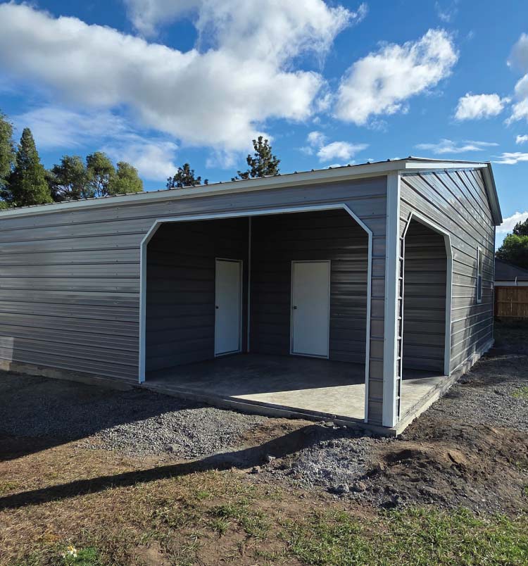 Custom-sized L-shaped metal barns building, certified to withstand high winds and heavy snow loads in any California climate.